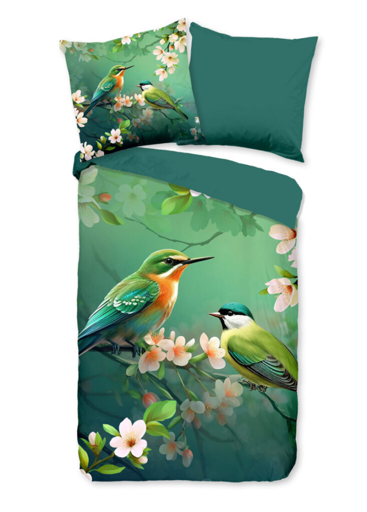 Pure Dekbedovertrek "bloemen en vogels" - Groen - (135x200 cm) - Microfiber