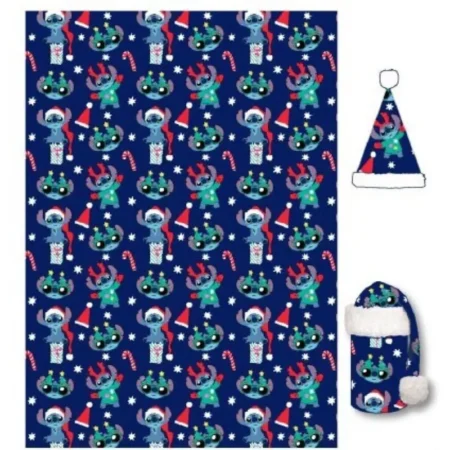 Stitch fleece plaid met kerstmuts 100 x 140 cm - polyester