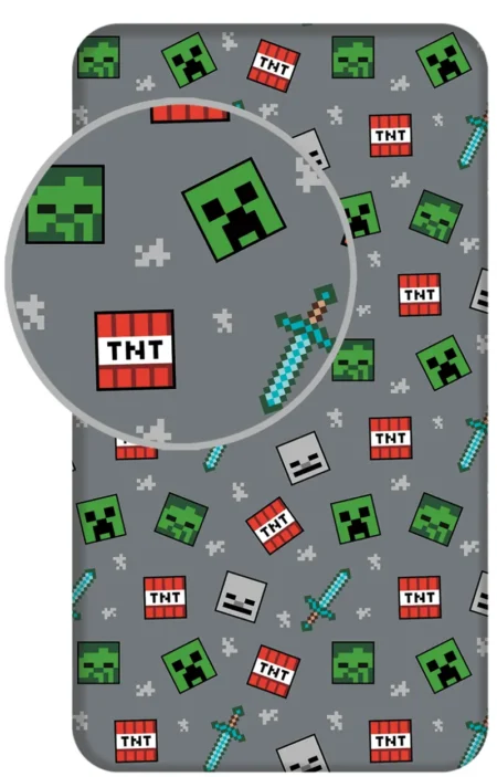 Minecraft Hoeslaken - Eenpersoons - 90 x 200 cm - grijs