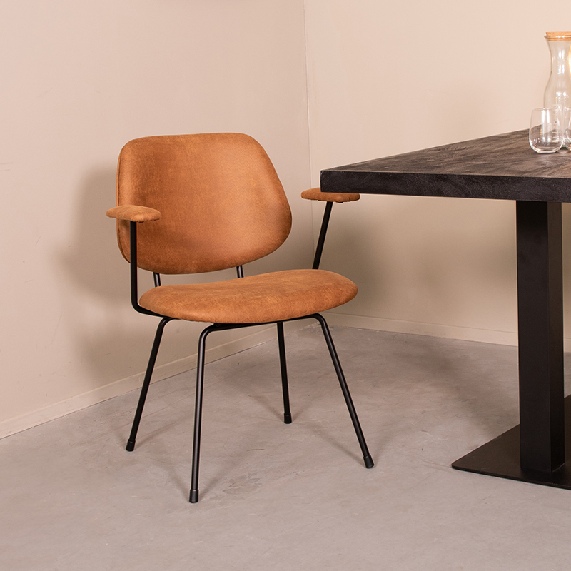 LABEL51 Eetkamerstoel Rivano - Cognac - Micro Suede - Zwart Metalen Frame